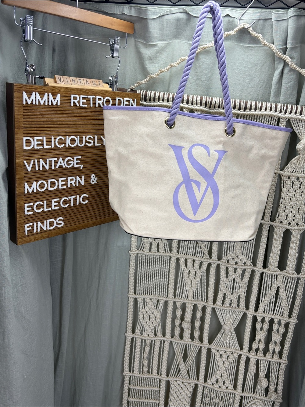 Victoria's Secret Cream Canvas Tote with Lavender Trim and Rope Handles